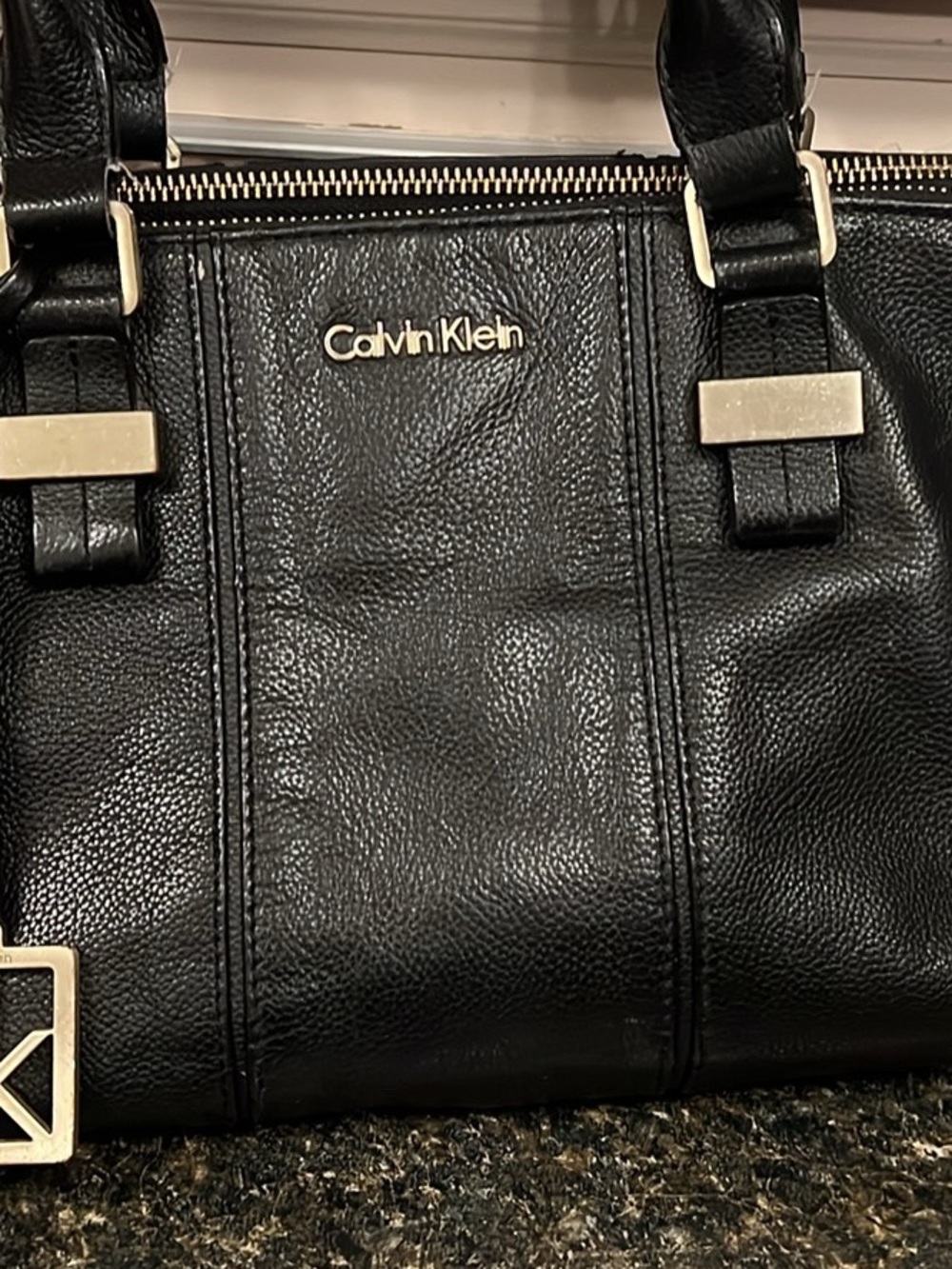 Calvin Klein Black Leather Briefcase with Silver Hardware